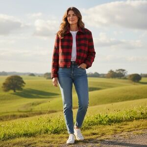 Talbots Collection Red Black Buffalo Plaid Cropped Wool Blend Blazer Jacket SZ 6